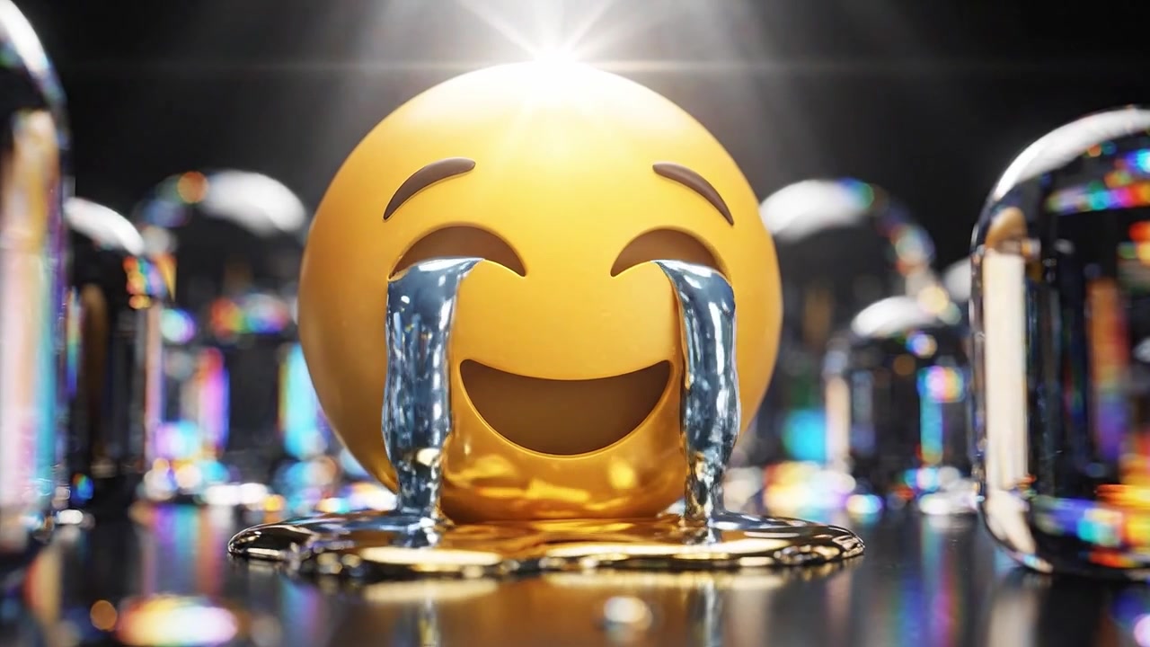 Un'emoji gioiosa con lacrime di gioia scintilla tra superfici lucide e riflettenti, catturando l'essenza della felicità e della giocosità in una scena colorata.