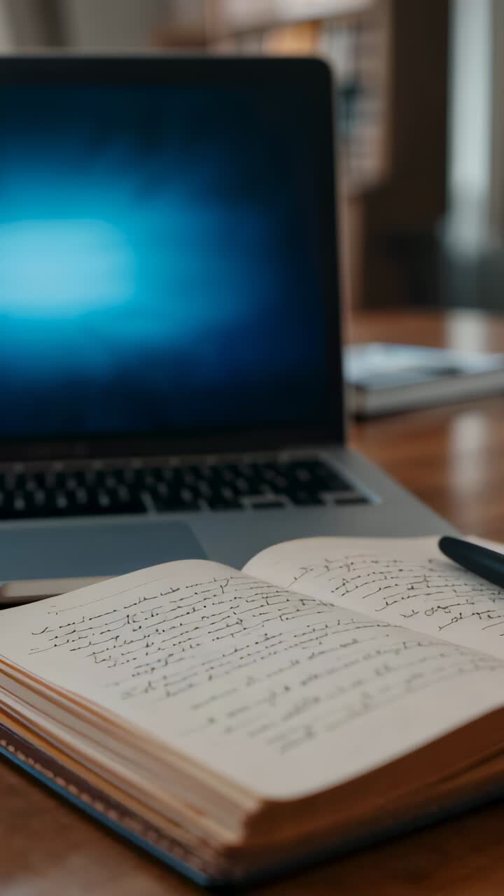 Video verticale: Spostamento dell'inquadratura della telecamera che rivela un laptop dietro un quaderno con scrittura corsiva aperto su una scrivania, con una penna.