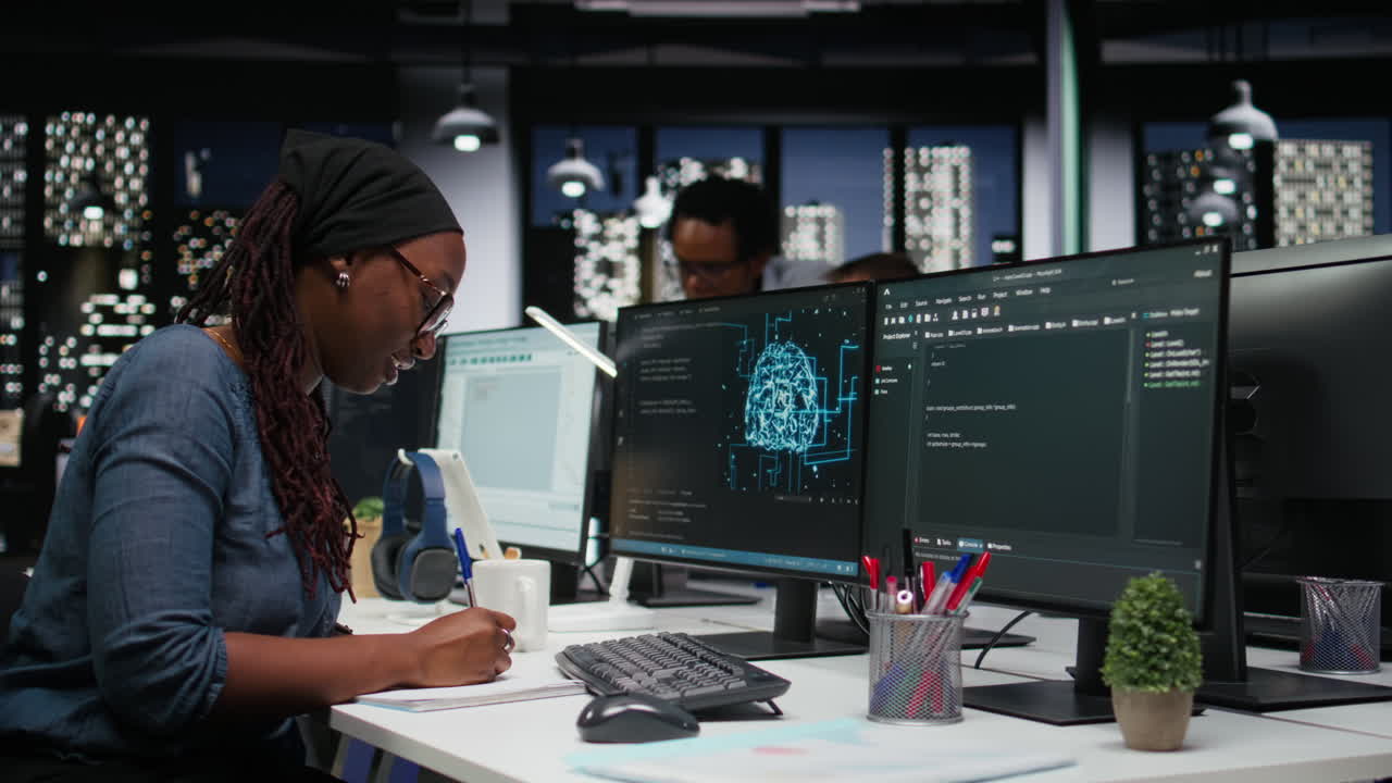 African American Woman Developer Working on Code in Modern Office at Night