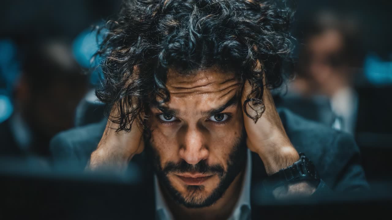 A Frustrated Individual Struggles with Stress and Overwhelm in a High-Pressure Environment, Reflecting the Challenges of Modern Society in a Packed Room