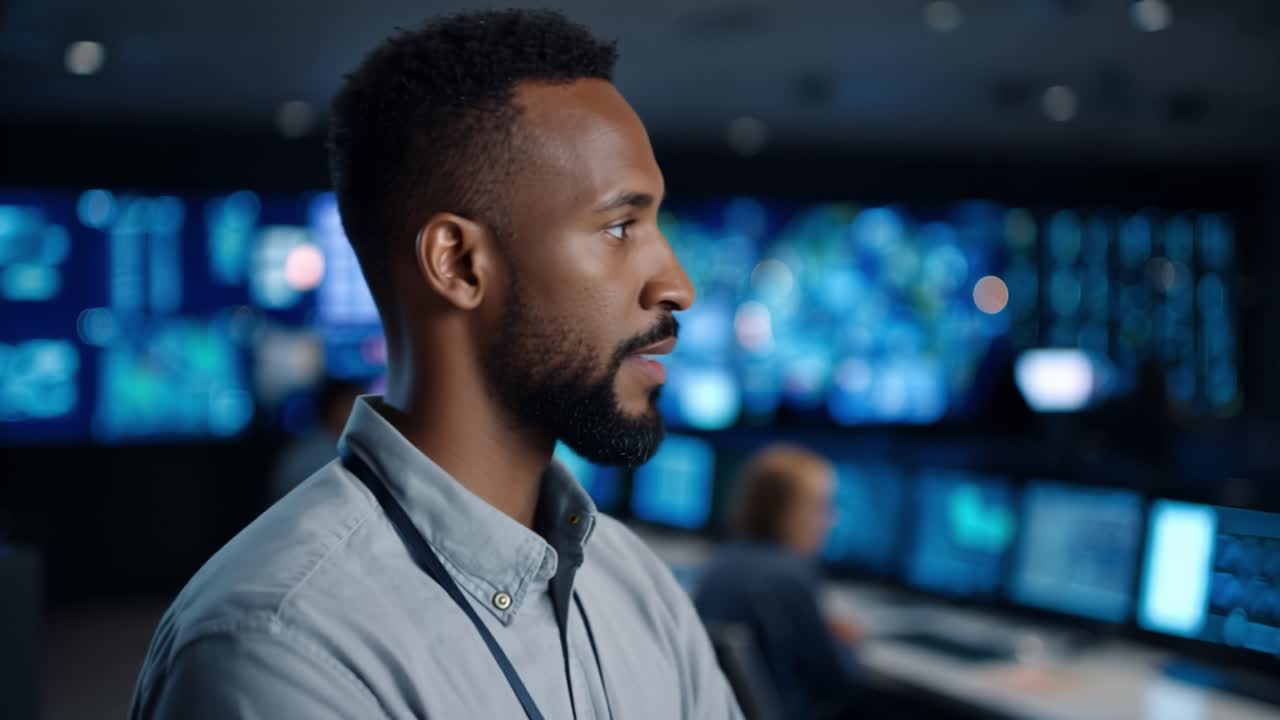 Focused Professional in a Control Room Overseeing Operations and Strategic Decisions with Advanced Technology Displayed on Multiple Screens in the Background
