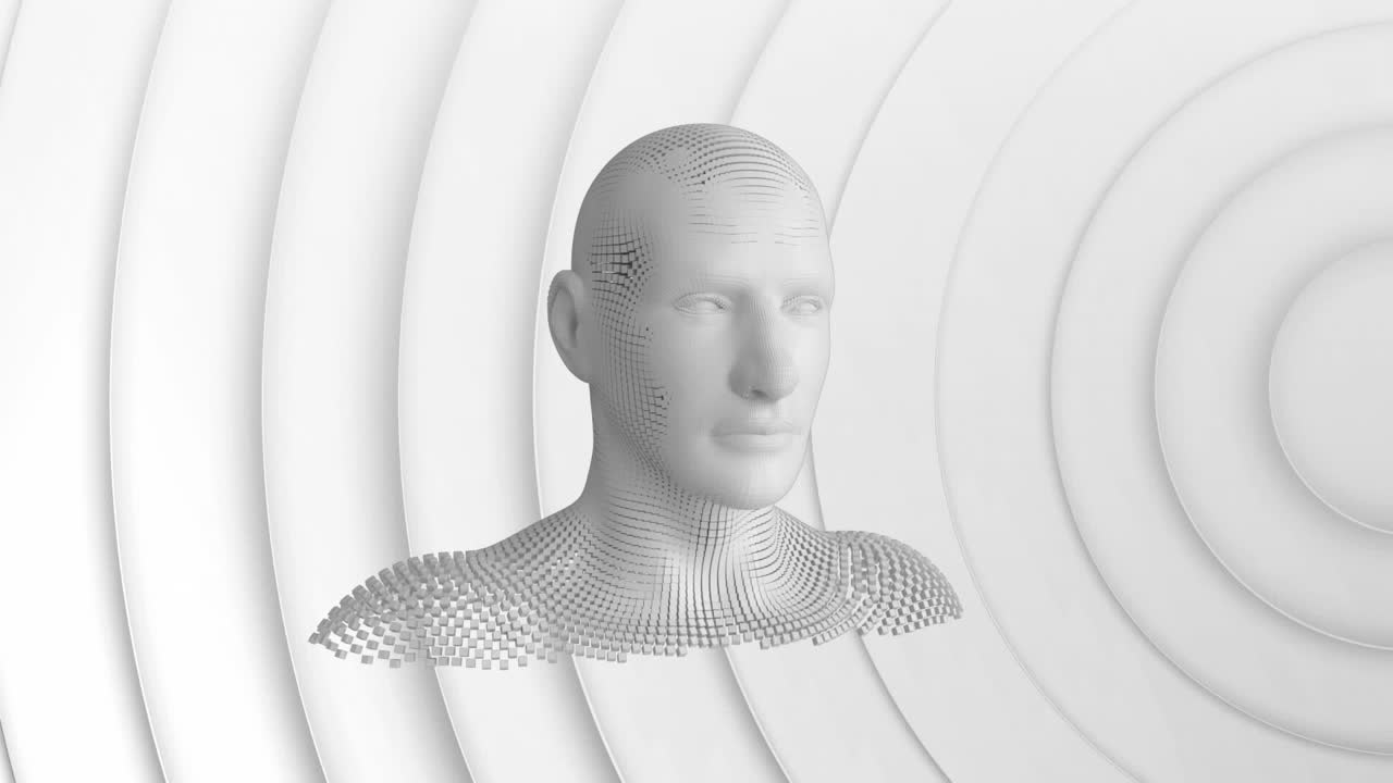 animación de la cabeza humana formada con partículas explosivas en fondo blanco 3d