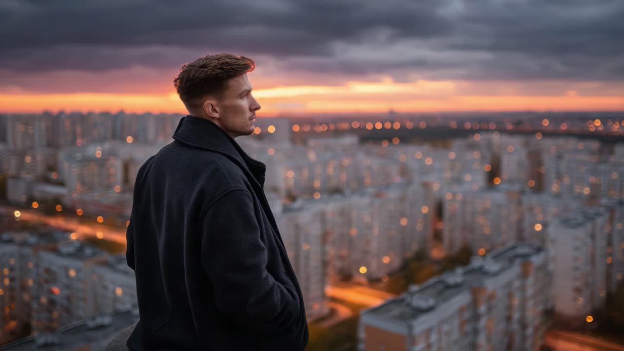 A Thoughtful Reflection: A Young Man Gazes Over an Urban Landscape at Dusk, Surrounded by the Radiance of City Lights Against a Dramatic Sunset Sky