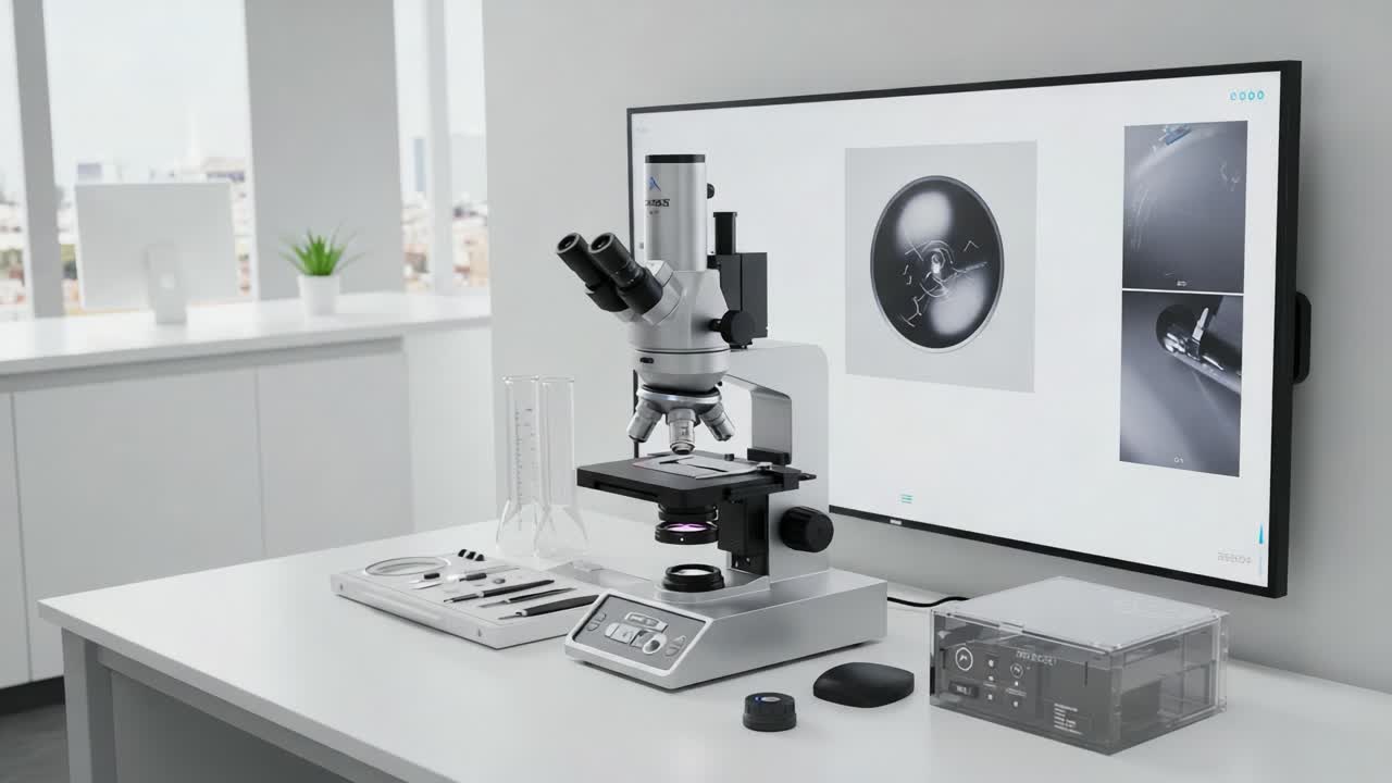 Modern Laboratory Setup Featuring a High-Tech Microscope with Display for Scientific Research and Analysis in a Bright, Contemporary Environment