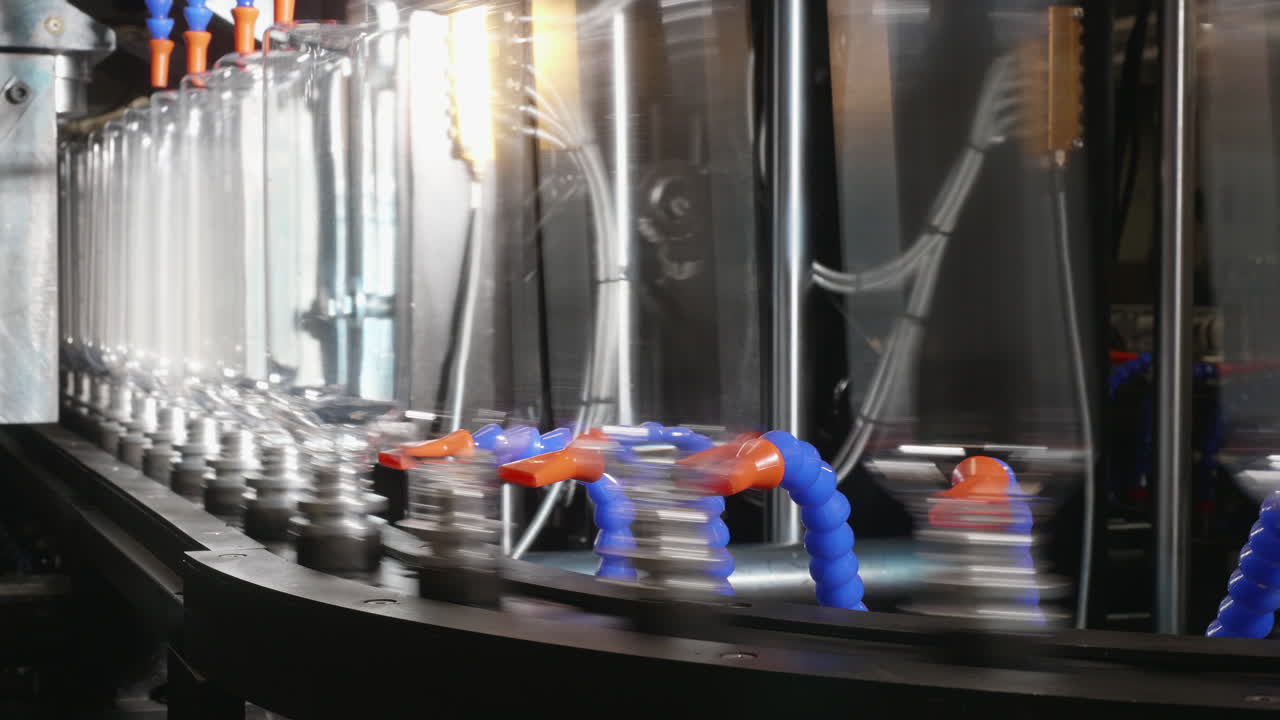 A line of bottles made by industrial blowing from PET preform is sliding on a piece of robotic equipment