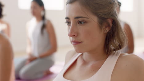 portrait beautiful yoga woman relaxing in fitness studio smiling enjoying healthy lifestyle waiting for class to start