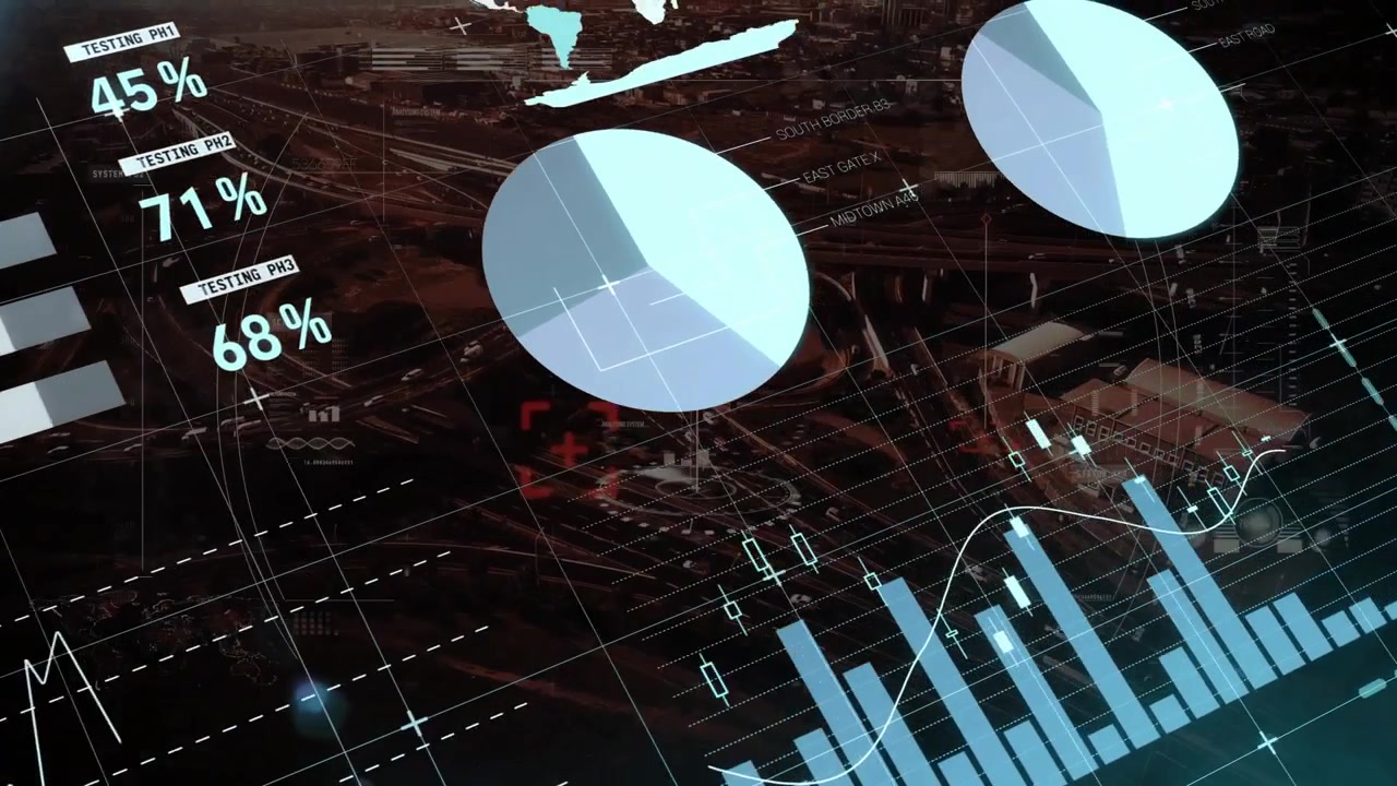 Animation of financial data processing over cityscape and dark background