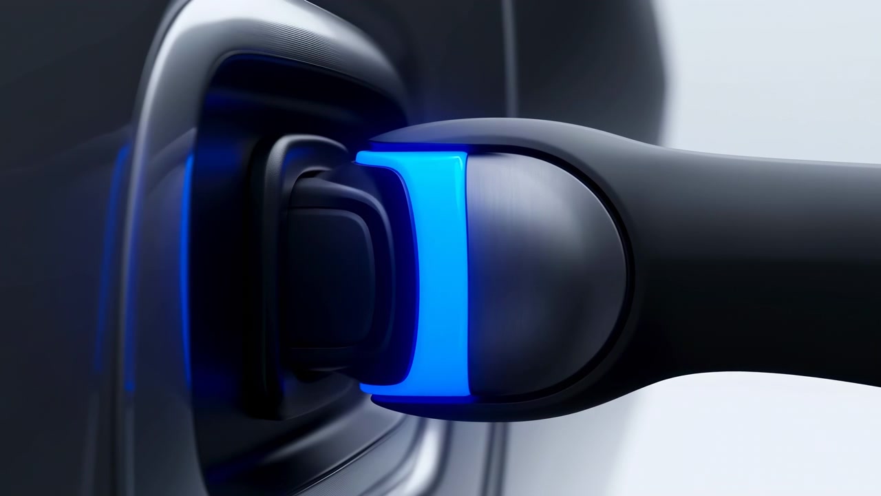 Closeup Electric Vehicle Charging Plug Glowing Status, Showcasing Illuminated Connector Shifting From Blue