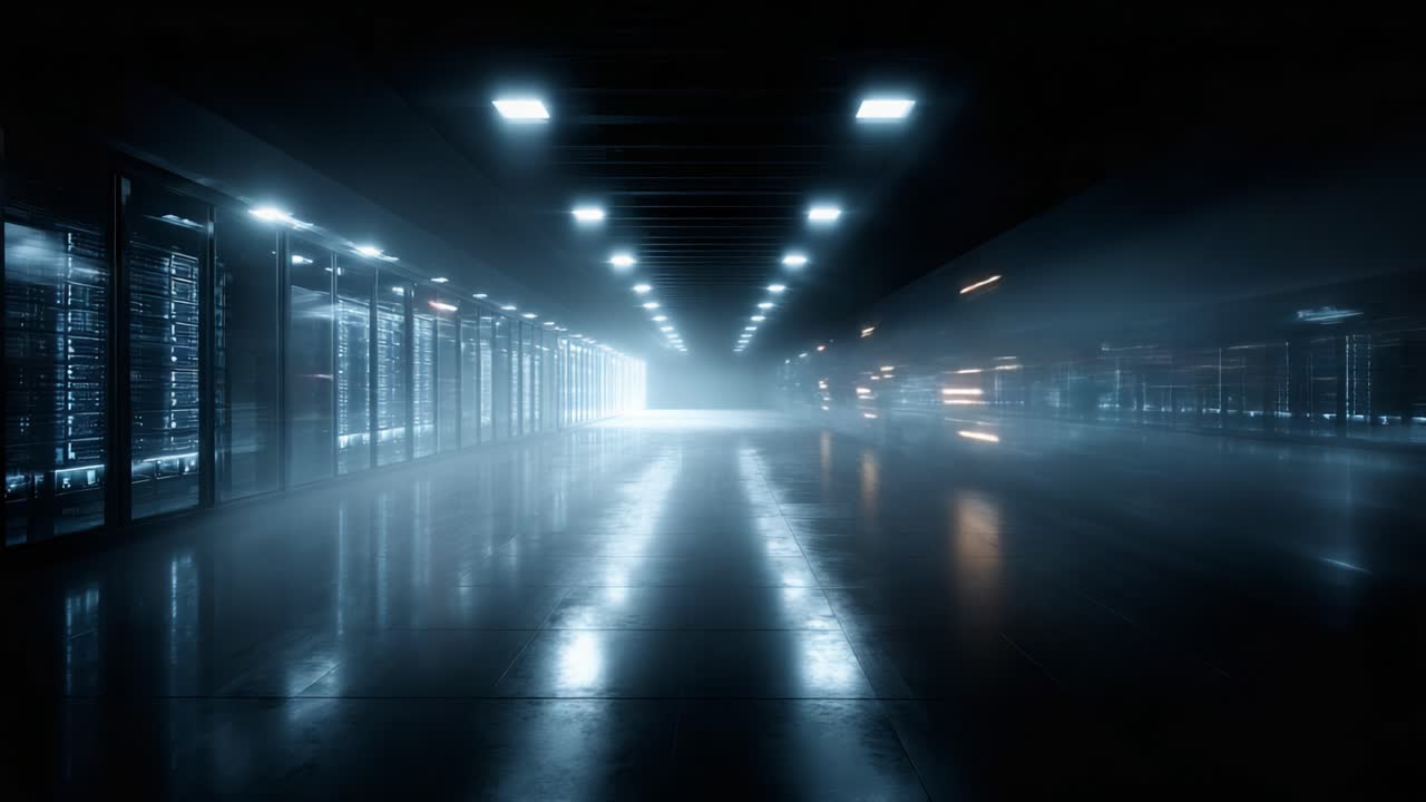 A Mysterious Corridor Illuminated by Flickering Lights Creates an Eerie Atmosphere as Shadows and Haze Merge in a High-Tech Environment