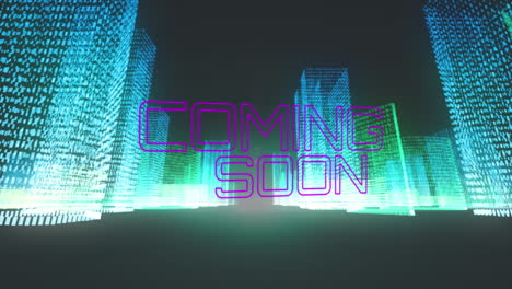 animation of coming soon text over neon shapes on black background