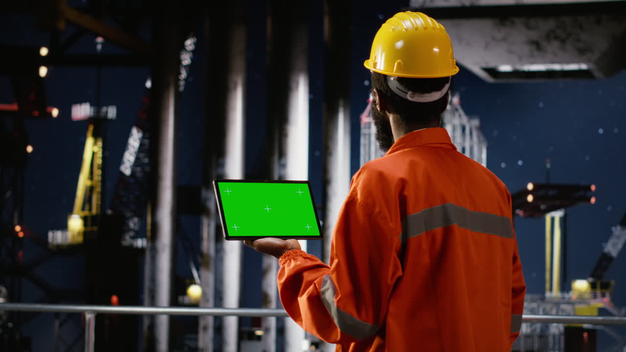 Isolated chroma key with workers overseeing oil drilling operations
