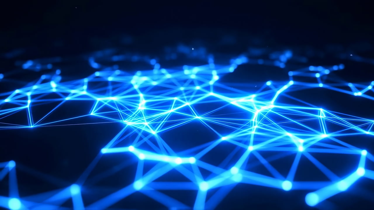 Glowing Blue Network Grid Pulses Across Dark Surface, Interconnected Luminous Nodes Form Dynamic Web,
