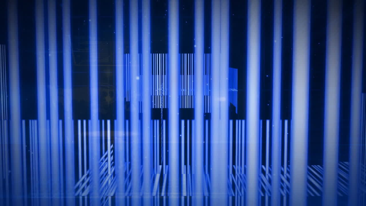 Blue vertical lines and barcode animation over dark background with stars