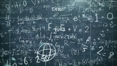 Digital-animation-of-mathematical-equations-and-formula-floating-against-black-board