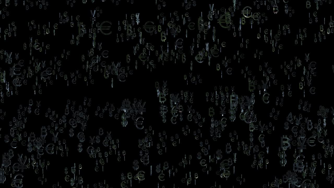 세계 화폐의 빛나는 상징의 추상적인 모션 배경: 달러, 유로, 엔, 비트코인.