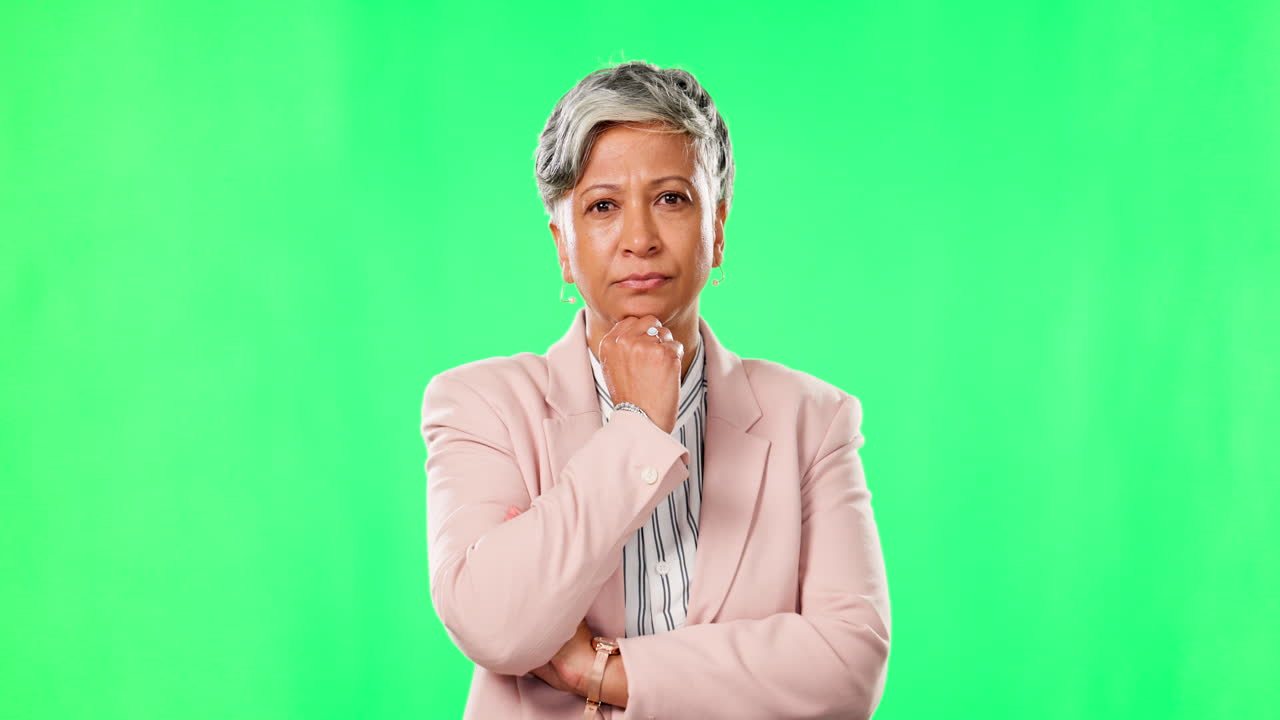 Green screen, no and senior woman face in studio