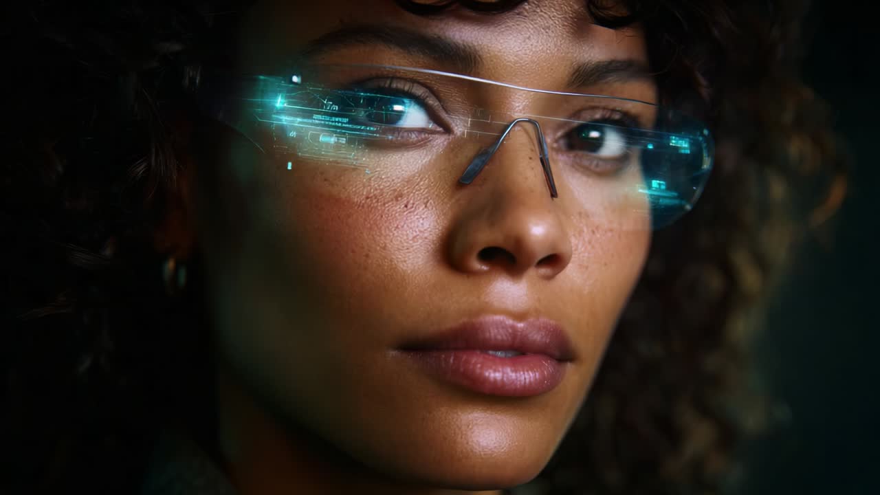 Ritratto di una donna che indossa occhiali futuristici con funzionalità di realtà aumentata, in primo piano sul suo viso espressivo e con elementi visivi high-tech intorno agli occhi