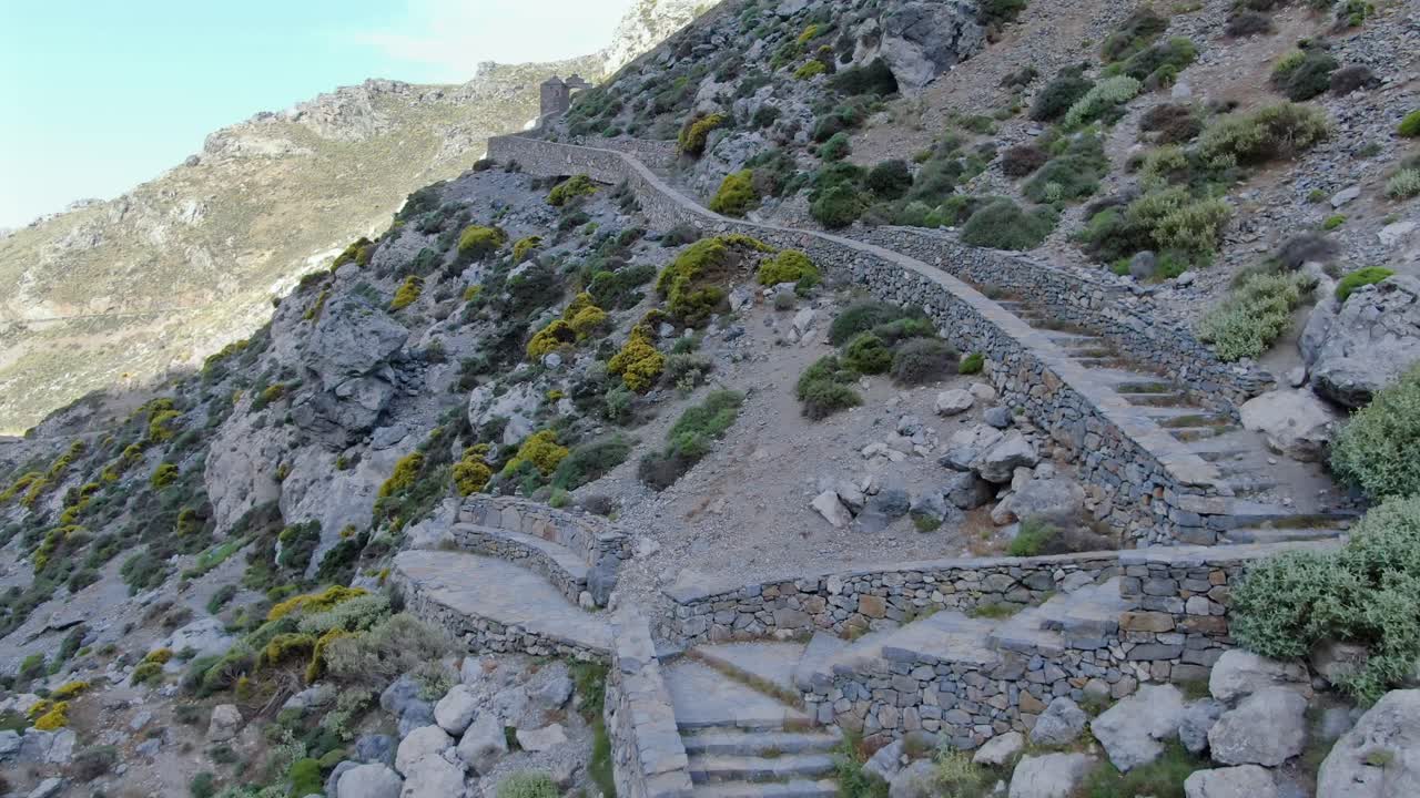 Drone Shot Of Stone Pathway On Remote Hillside In Crete, Greece