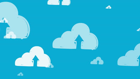 animación de iconos de nubes blancas en línea con flechas apuntando hacia arriba moviéndose sobre un fondo azul