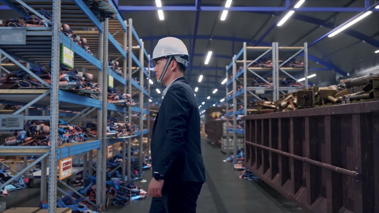 Vista laterale di un uomo d'affari asiatico che cammina in un magazzino industriale di rottami metallici e riciclaggio.