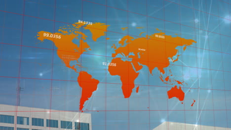 animación del procesamiento de datos y mapa del mundo sobre el paisaje urbano