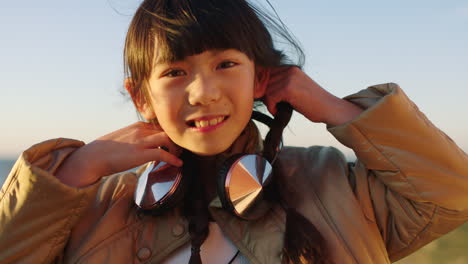 Girl,-kid-and-face-with-travel-and-headphones