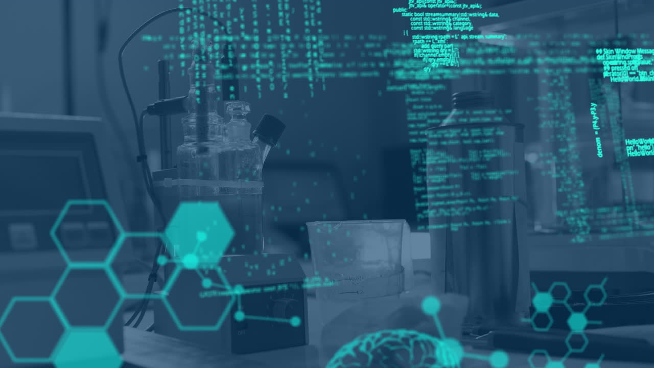Composition of data processing and chemical structures against empty laboratory in background