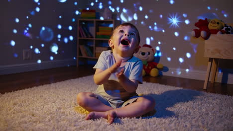 a child delighted by a star projector in a cozy room