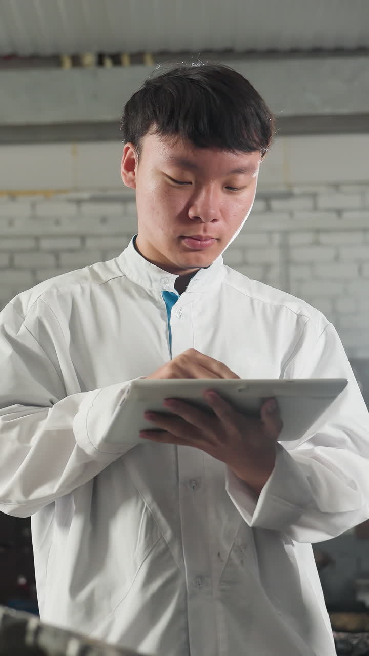 穿著白色手套的技工向穿著實驗室白袍的學生示範士巴拿（扳手）的使用方法，學生們在汽車維修工場內用平板電腦做筆記，背景是擺滿機械工具的工業工作空間。