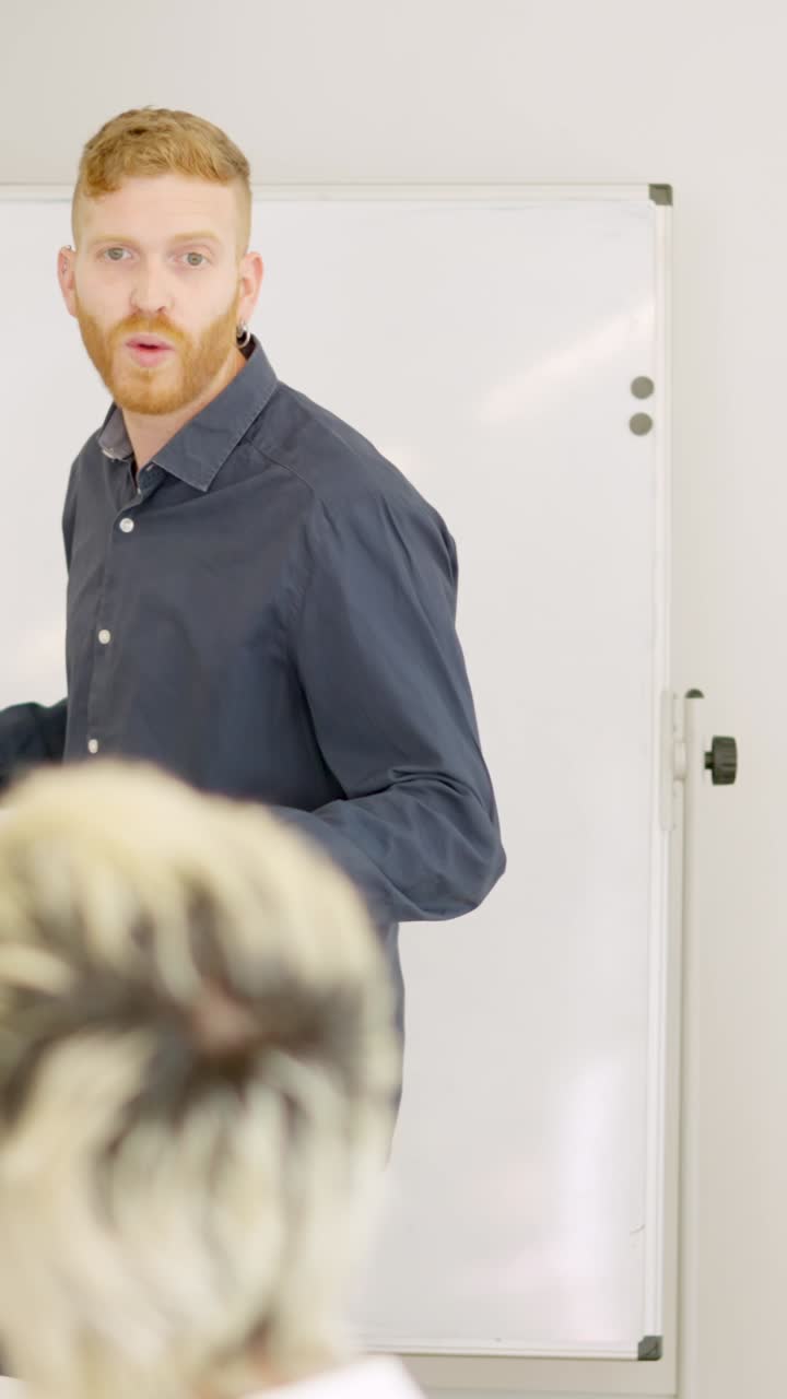 Man using a board during an explanation in a meeting