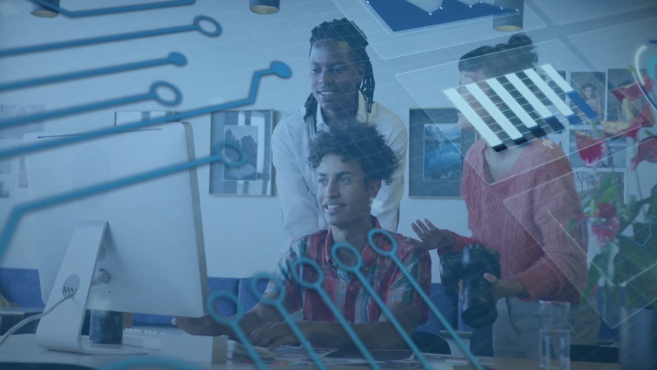 Tech team at monitor clicking and scrolling as circuit overlay sweeping desk and collaborating