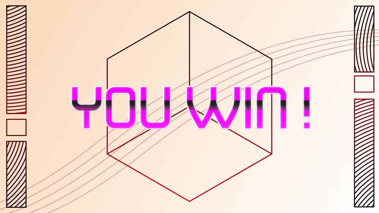 Animation of you win text over geometric shapes background