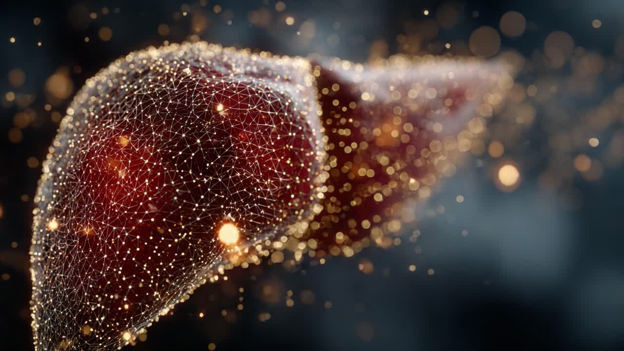 An Artistic Representation of a Liver with Glowing Particles, Showcasing an Intricate Mesh Structure, Highlighting Biological Complexity and Vital Functions