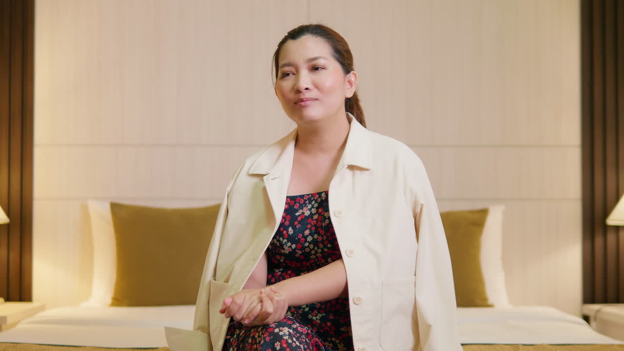 カジュアルな服装でビデオオンラインコミュニケーションを説明し、インタビューし、部屋で話す若い成人女性