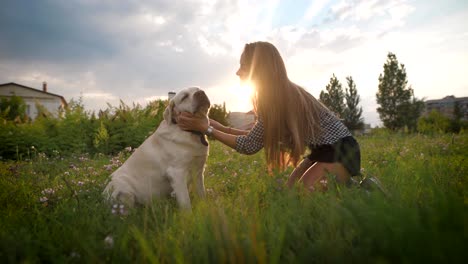 woman trains her dog outdoor