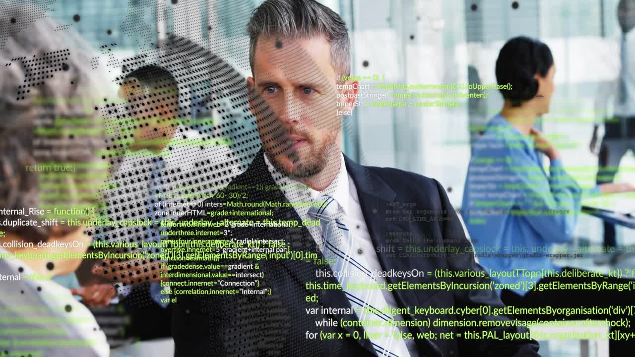 Man holding tab talking in biz meet, starting code overlay settling as cam zooming for analytics