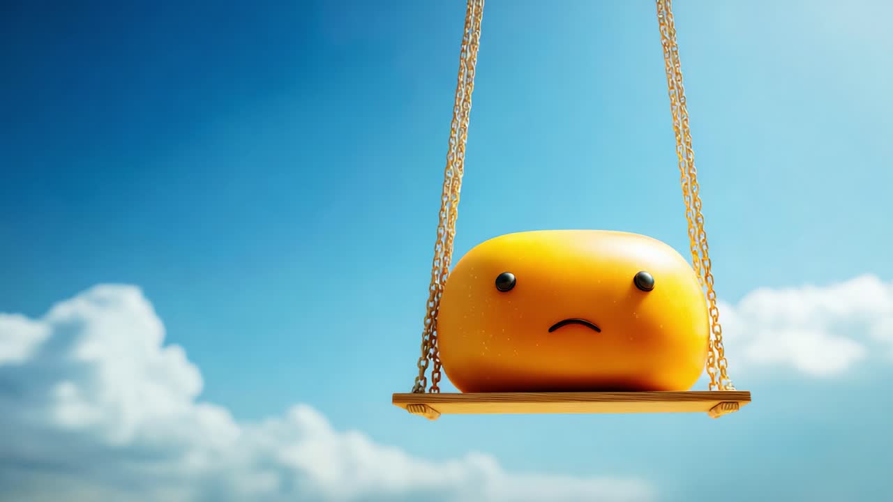 A whimsical animation featuring a sad yellow blob sitting on a swing, capturing moments of introspection against a bright blue sky with fluffy clouds enhancing the mood
