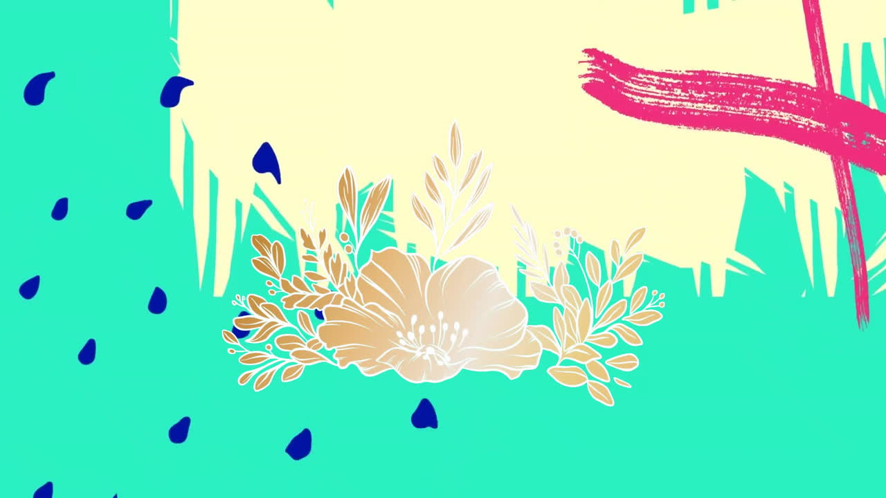 animación de hojas y flores sobre un patrón vibrante abstracto