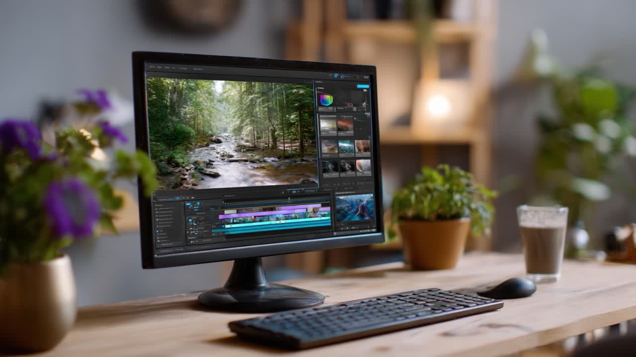 Montaggio di un video panoramico sullo schermo di un computer: un momento produttivo in un ufficio domestico accogliente, circondato da piante e luce naturale