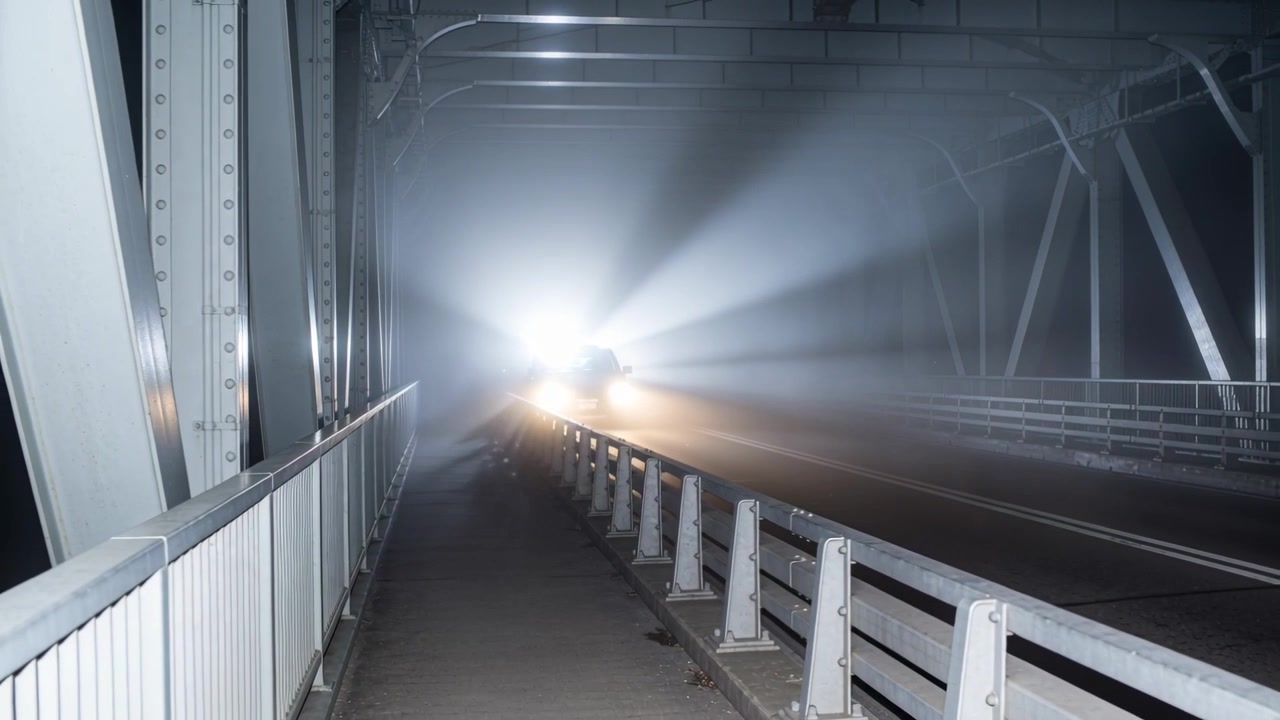 Faróis aparecendo e se aproximando ao longo da passarela de uma ponte de treliça de aço, cortando a neblina e revelando uma sombra.