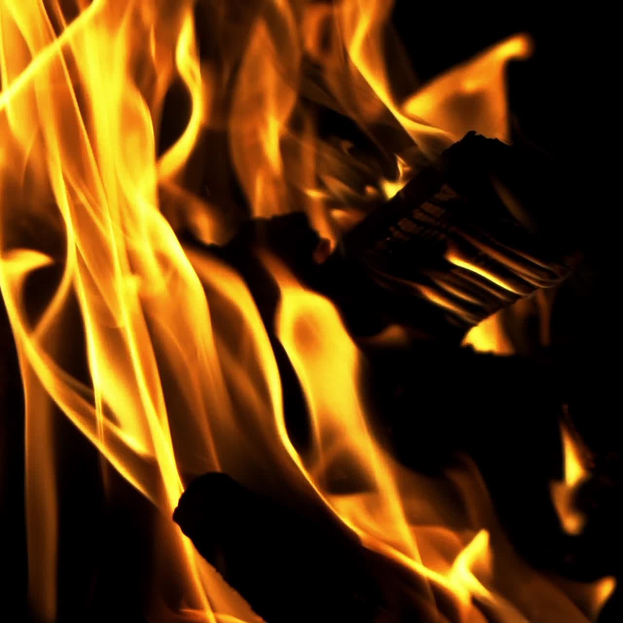 Bonfire. Slow motion. Real fire flame on a black background.
