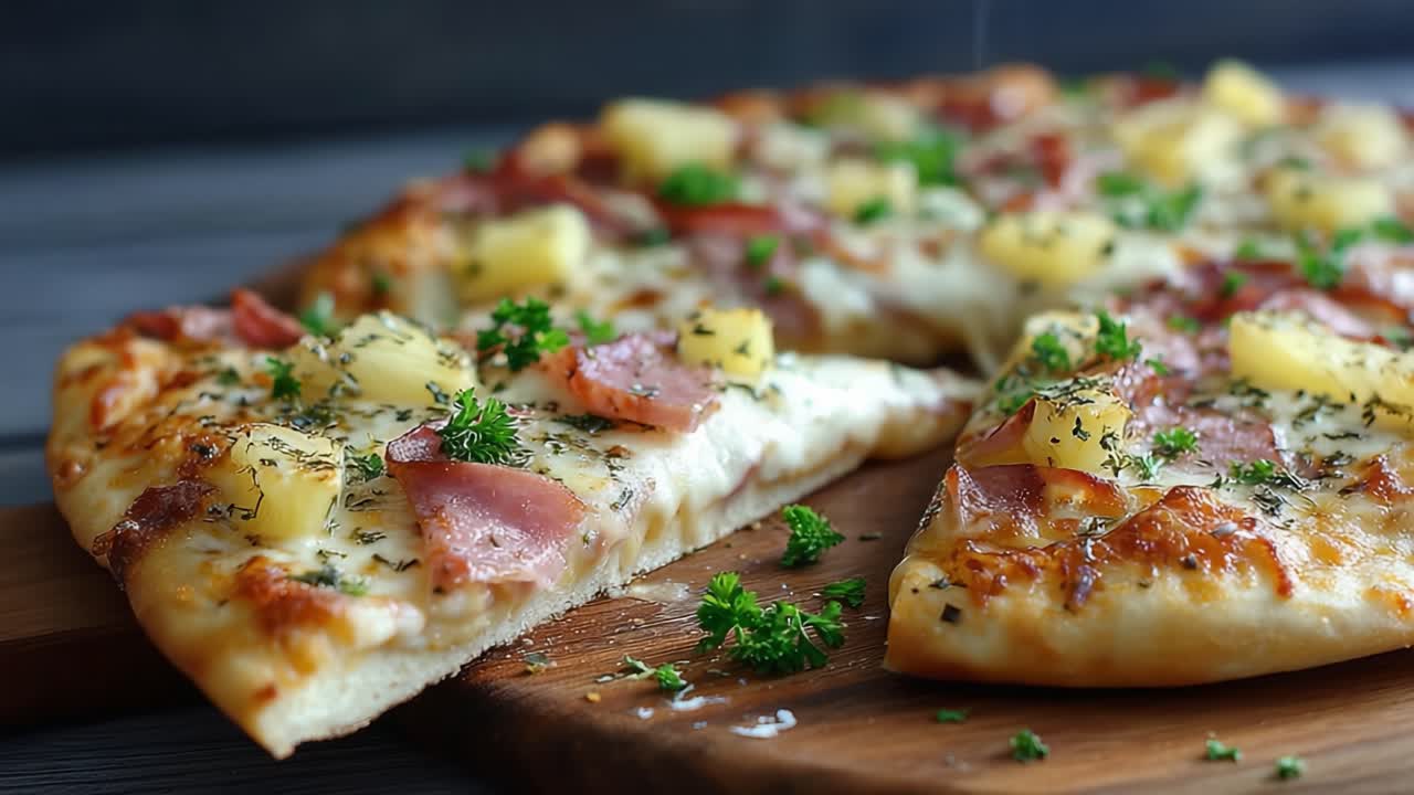 Pizza deliziosamente cotta al forno con condimenti di prosciutto e ananas, il tutto guarnito con prezzemolo fresco, perfetta per un pasto confortante a qualsiasi riunione o occasione