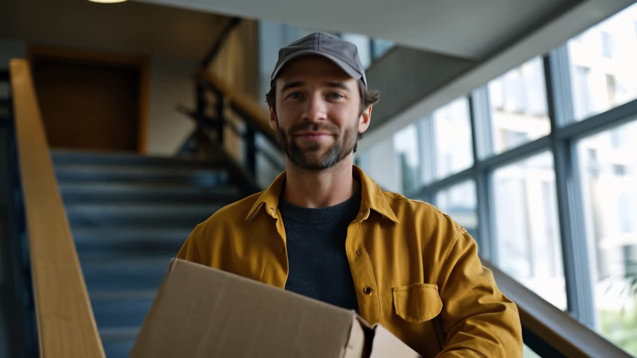 Fattorino cordiale con un sorriso, in piedi in un edificio moderno, che tiene un pacco, mostrando un'esperienza positiva nella logistica e nel servizio clienti.