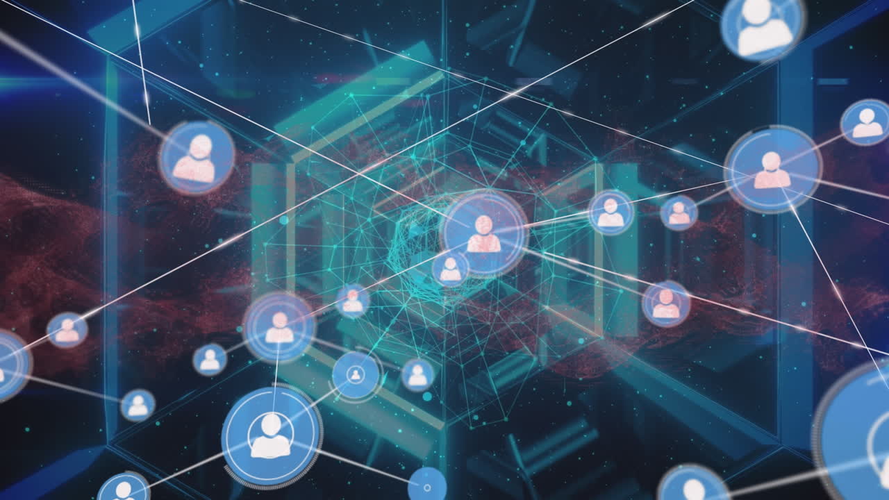 Animation of hexagon shapes zooming on profile icons connecting dots on digital interface