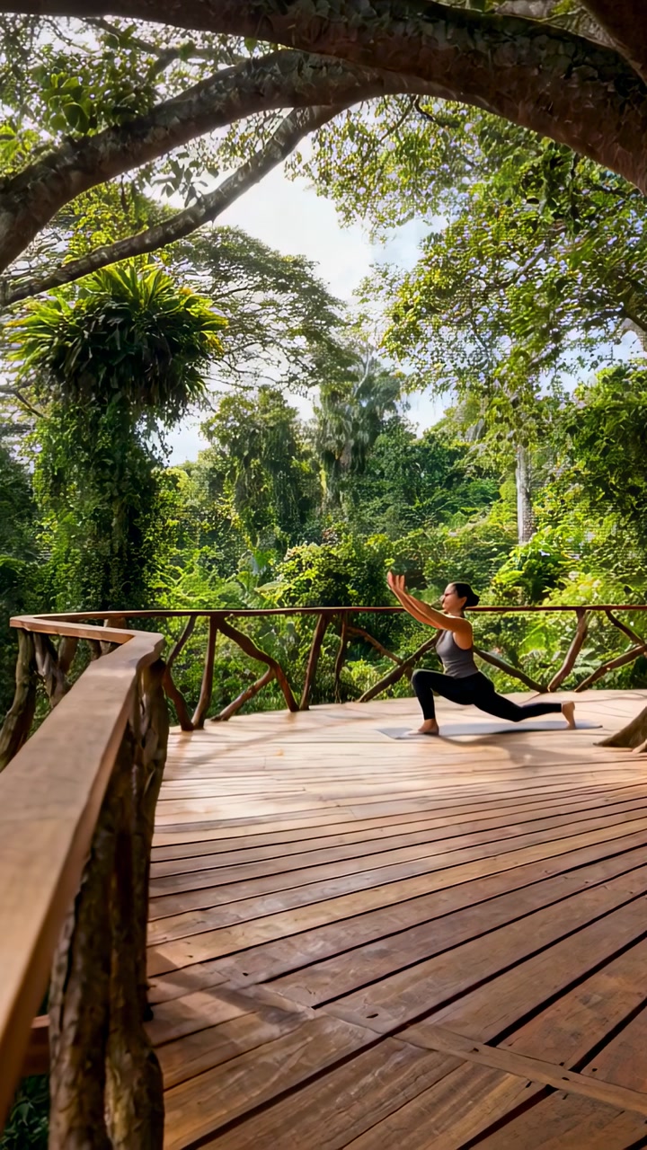 Vertical video: Inhaling woman in activewear moving lunge to center on tree deck and mat, copy spa