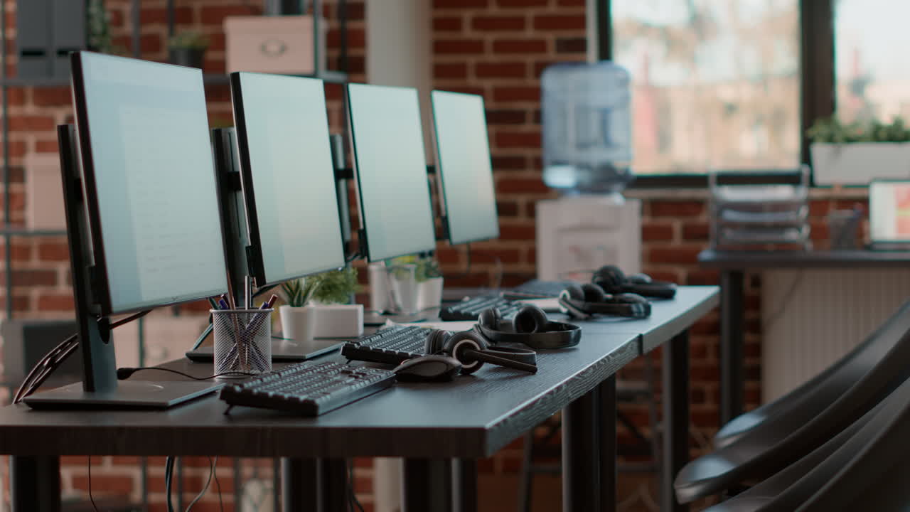 No people in customer care service office with monitors