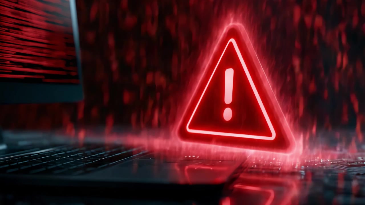 Visual Representation of Digital Danger: A Red Warning Triangle Emerges from a Laptop Display Amidst a Network of Streaming Data, Signifying a Critical Alert or Error in Progress