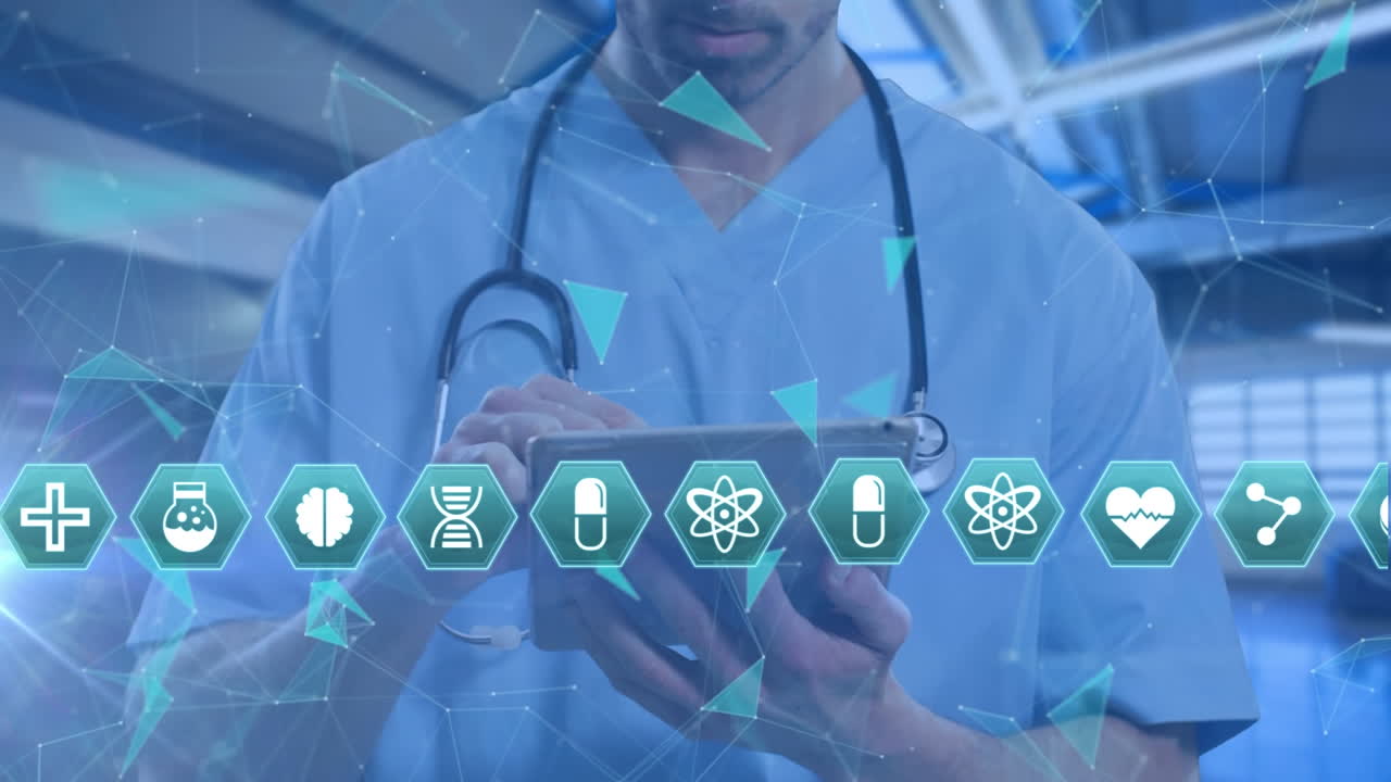 백인 남성 의사의 중간 부분 위에 과학 아이콘이 있는 육각형의 애니메이션