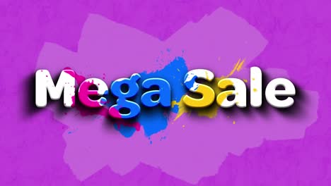 Animation-Von-Mega-Sale-Text-über-Bunten-Flecken-Auf-Violettem-Hintergrund