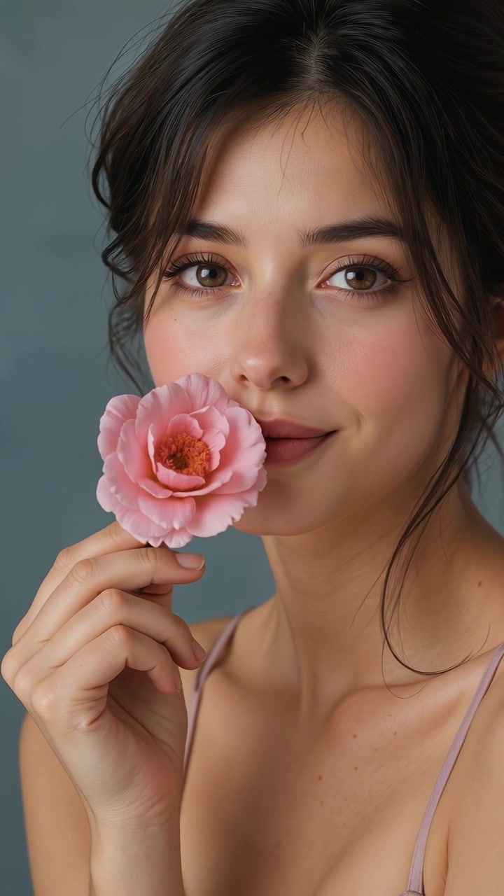 Ritratto ravvicinato di una bella giovane donna che tiene un fiore rosa accanto al viso